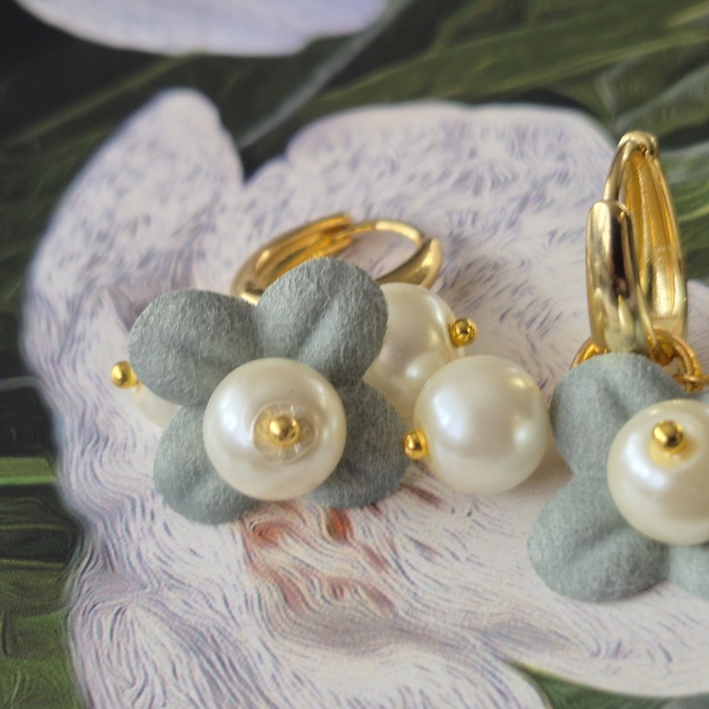 18k Gold Plated Oval Hool Pearl & Leather Flower Drop Earrings 2 In 1 - Picture 2 of 7